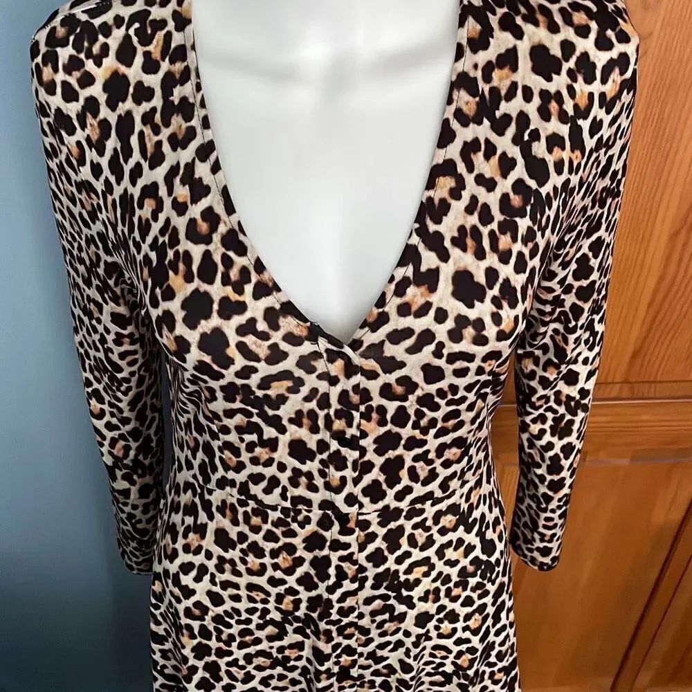 Zara Cheetah Leopard Print Asymmetrical Button Down Dress Small